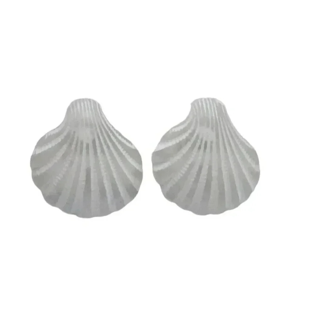 White Lucite Seashell Silver Tone Lever Back Closure Vintage